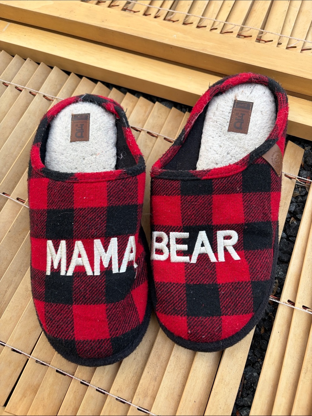 dearfoams Red and Black Buffalo Plaid "MAMA BEAR" Slippers